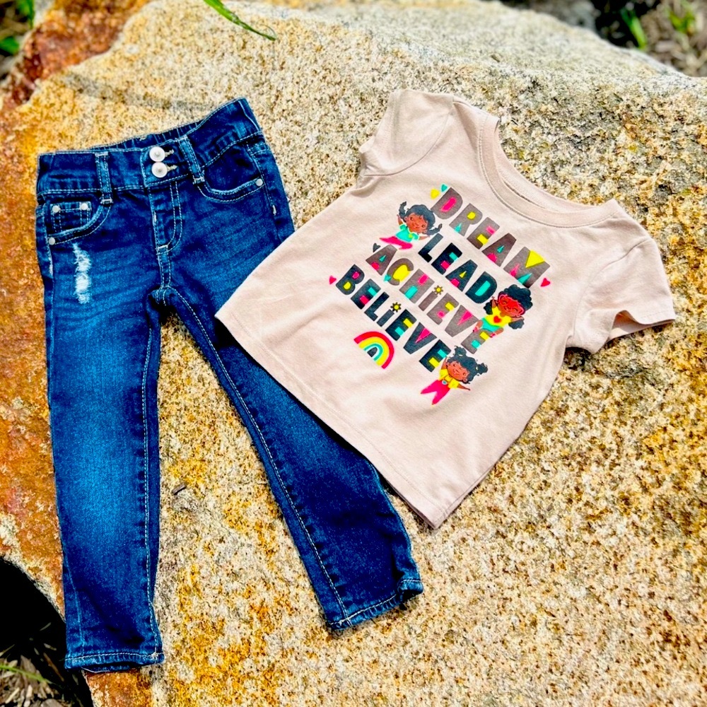 Cream and Blue Matching Set with Graphic Tee